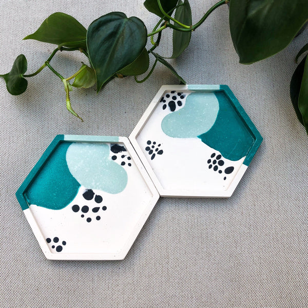 Set of 2 Teal Squiggle Hexagon Coasters