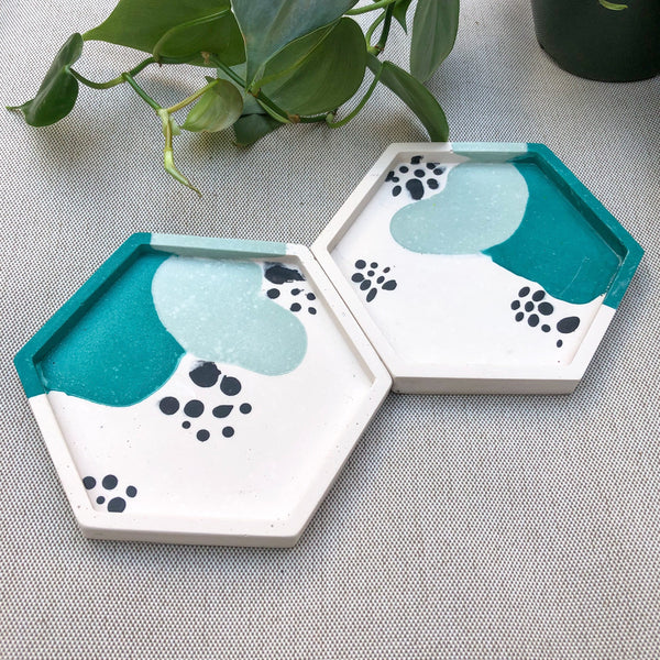 Set of 2 Teal Squiggle Hexagon Coasters