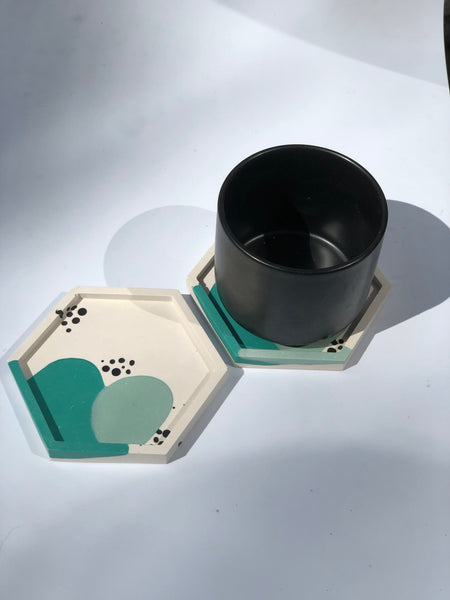 Set of 2 Teal Squiggle Hexagon Coasters