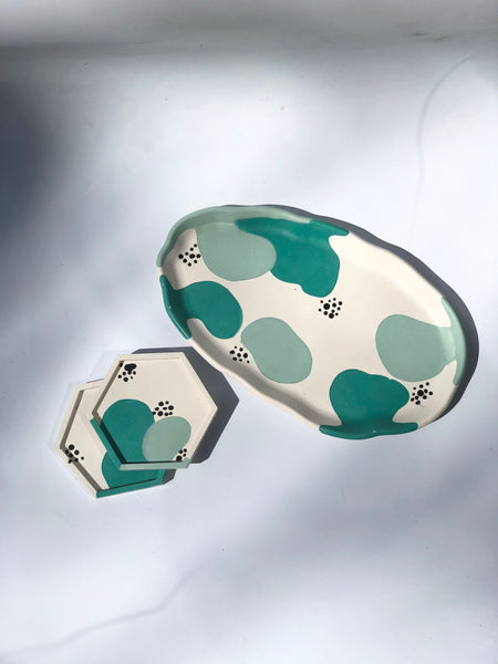 Set of 2 Teal Squiggle Hexagon Coasters