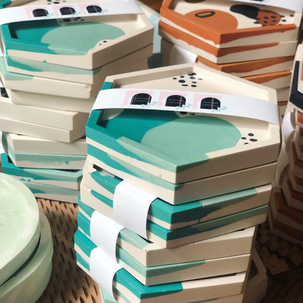 Set of 2 Teal Squiggle Hexagon Coasters